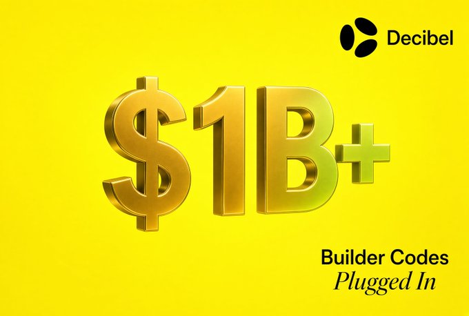 A promotional graphic on a yellow background showing '$1B+' in large gold 3D text with the Decibel logo and the tagline 'Builder Codes Plugged In'.