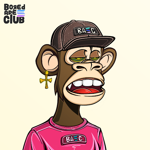 A Bored Ape Club NFT illustration of a cartoon monkey wearing a 'BAC' cap and pink shirt, featuring half-closed eyes and a gold earring.