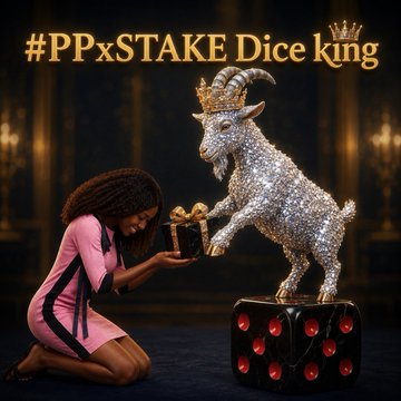A promotional image for #PPxSTAKE Dice king featuring a woman in a pink dress offering a gift to a diamond-encrusted goat wearing a crown, standing on a large die.