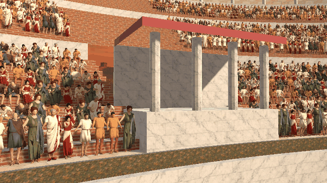 A 3D rendered ancient Roman colosseum scene with crowds of spectators and marble pillars on a platform.