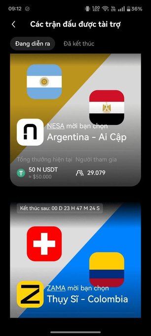 A mobile app screenshot in Vietnamese showing sponsored matches 'Các trận đấu được tài trợ' featuring Argentina vs Egypt and Switzerland vs Colombia with token reward pools.