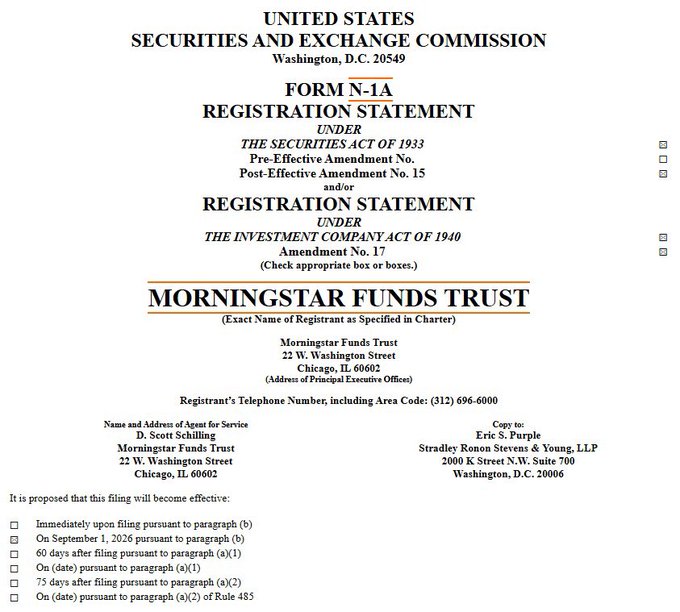 The image shows an SEC Form N-1A Registration Statement filed by Morningstar Funds Trust (Chicago, IL), with D. Scott Schilling listed as the agent for service and Stradley Ronon Stevens & Young, LLP as counsel. This filing relates to the accompanying post, which highlights Morningstar Funds Trust's post-effective amendment that includes the newly filed Cyber Hornet S&P 500 & XRP 75/25 Strategy ETF, signaling XRP's continued expansion into traditional finance.