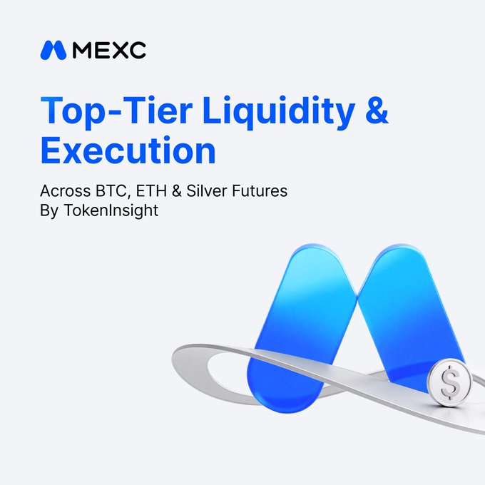 A MEXC promotional graphic titled "Top-Tier Liquidity & Execution Across BTC, ETH & Silver Futures By TokenInsight," featuring the MEXC logo and a stylized blue "M" emblem with a silver coin. The image visually reinforces the post's claim of MEXC's superior trading conditions, tying together the TokenInsight report referenced in the text.