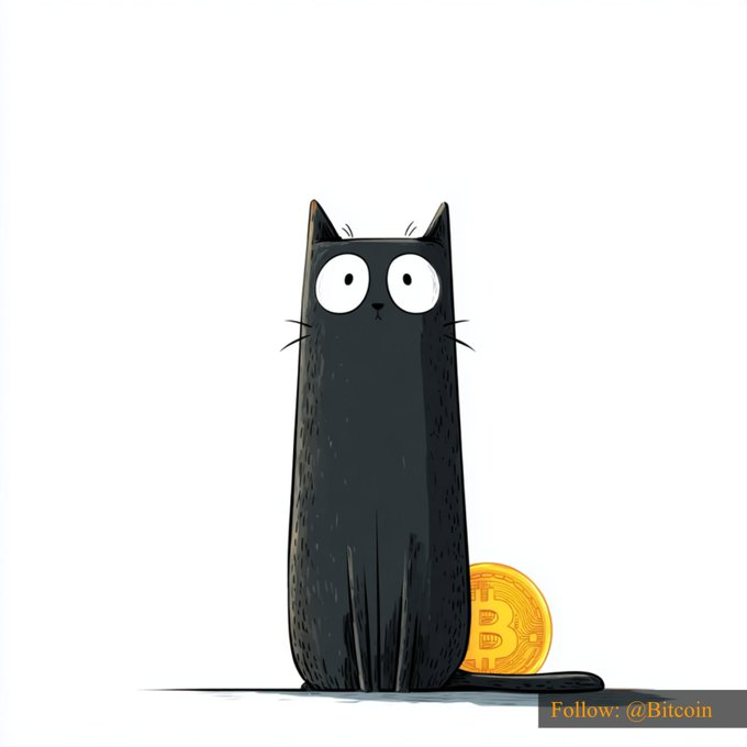 An illustration of a tall, narrow black cat with wide eyes sitting next to a gold Bitcoin, with text reading 'Follow: @Bitcoin' in the corner.