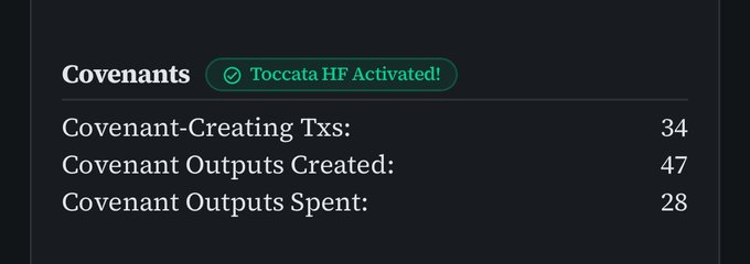 The image shows a "Covenants" statistics panel indicating "Toccata HF Activated!" on the Kaspa ($KAS) network, with metrics displaying 34 Covenant-Creating Transactions, 47 Covenant Outputs Created, and 28 Covenant Outputs Spent—signaling the activation of a major hard fork upgrade on the $KAS blockchain.