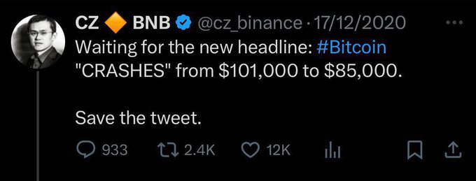 The image shows a screenshot of a twitter post by a man who has included details about Bitcoin crashes. The post reads: "Waiting for the new headline: #BINANCE from $300,000 to $235,000. Save the tweet." The man in the picture is pictured behind the words and is smiling.