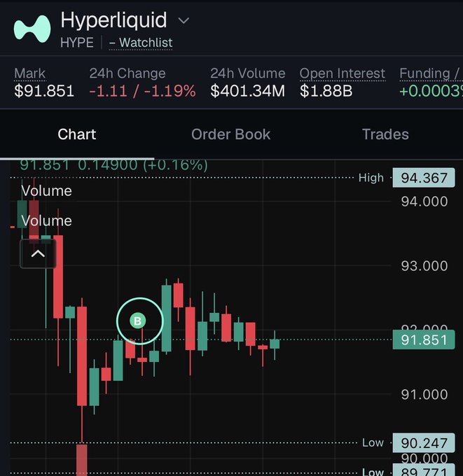 A cryptocurrency trading chart for Hyperliquid (HYPE) showing a current mark price of $91.851, down 1.19% in 24 hours, with candlestick patterns displayed in red and green.