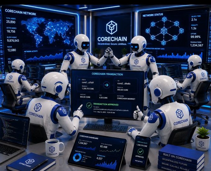 A futuristic control room featuring multiple humanoid robots in white and blue CORECHAIN uniforms monitoring transactions on large screens displaying network status, dashboards, and a world map.
