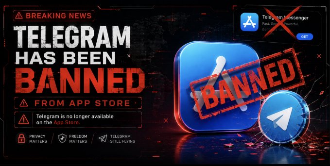 A 'Breaking News' graphic features the Telegram app icon with a red 'BANNED' stamp over it, accompanied by the headline 'TELEGRAM HAS BEEN BANNED FROM APP STORE,' along with text stating 'Telegram is no longer available on the App Store.'