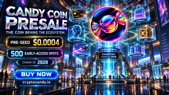 A promotional banner for 'Candy Coin Presale' advertising a pre-seed price of $0.0004, 500 early-access spots, chain ID 2828, with a 'BUY NOW' button linking to cryptocandy.io.