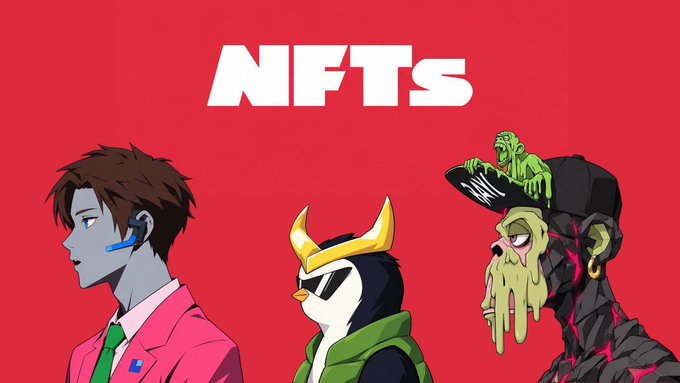 An anime-style illustration on a red background features three characters with the word 'NFTS' in large white text at the top.