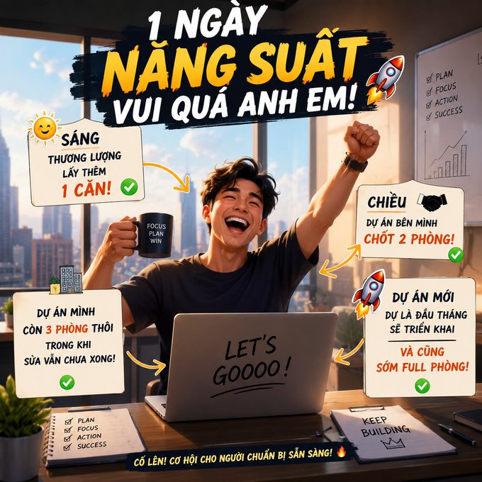 A cheerful young man celebrates at his laptop with the bold Vietnamese headline "1 NGÀY NĂNG SUẤT VUI QUÁ ANH EM!" (1 productive day, so fun guys!), surrounded by checklist callouts highlighting morning earnings ("SÁNG: THƯƠNG LƯỢNG LẤY THÊM 1 CĂN!"), a struggling project ("DỰ ÁN MÌNH CÒN 3 PHÒNG THÔI..."), a closed deal ("CHIỀU: DỰ ÁN BÊN MÌNH CHỐT 2 PHÒNG!"), and a new project launch ("DỰ ÁN MỚI... SỚM FULL PHÒNG!"). The vibrant graphic visually matches the post's excitement about a productive, lucky day in real estate deals, sharing good vibes with followers.