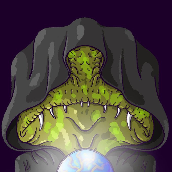 A digital illustration of a menacing, green-skinned monstrous figure with sharp claws and a hooded cloak, holding a glowing blue orb against a dark purple background.