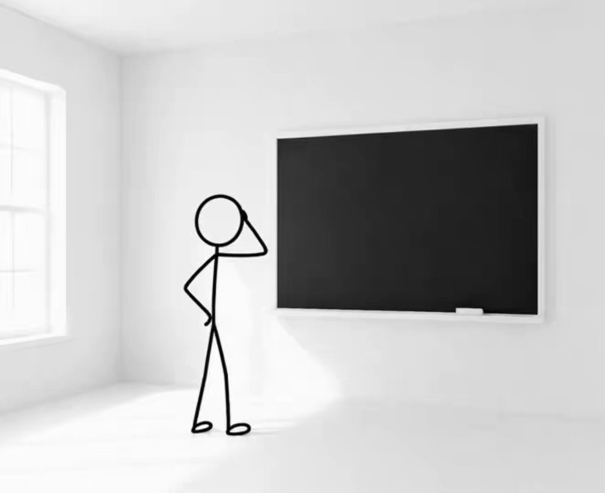 The image features a stick figure standing in an empty room, looking at a blank blackboard or chalkboard. The stick figure appears to be pondering something, possibly related to the content displayed on the board. The background of the image consists of white walls, and there is a window visible behind the stick figure. The post includes text that reads "Missed the word about one of our largest bridge performance upgrades ever? Let @Ghegwen01 get you up to speed! Now you get bulletproof security with hyperspeed crosschain swaps that settle under a minute on your favorite chains Day 1."