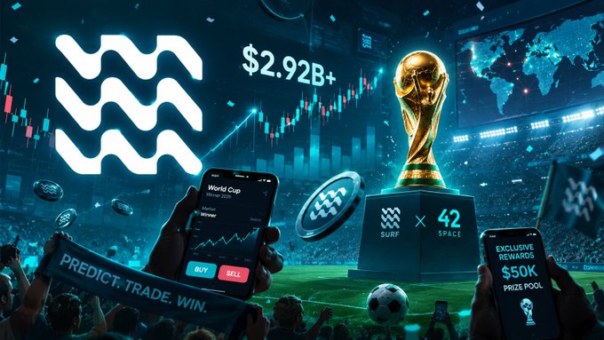 A World Cup prediction market graphic displays "$2.92B+" in trading volume alongside the Surf AI and 42 Space logos, with mobile screens showing "Predict. Trade. Win." and "Exclusive Rewards $50K Prize Pool" options, visually reinforcing the post's claim about the tournament's massive impact on prediction markets and the partnership offering users access to exclusive prizes.