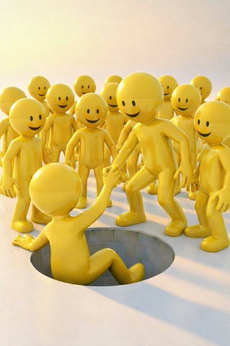 A group of identical, glossy yellow smiling figures gather around as one of them is being pulled up from a hole by another figure who comes forward to help, while the others watch. The image visually reinforces the post's message that stepping up for those doing the work helps filter and strengthen the group, leaving behind a cleaner, more supportive circle.