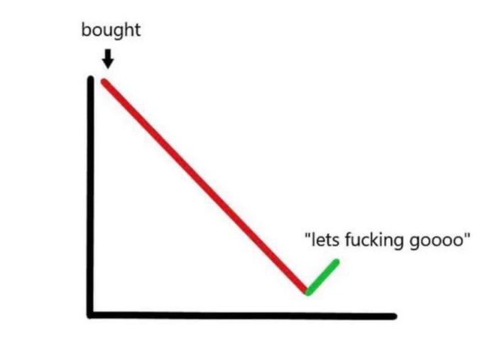 A simple line graph meme showing a red line dropping from a point labeled 'bought' down to a green checkmark with the text 'lets fucking goooo'.