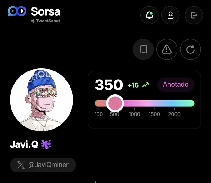 A profile screen for a user named 'Sorsa' (previously 'TweetScout') showing stats for 'Javi.Q' with a score of 350, featuring a profile picture of a cartoon character with pixelated sunglasses and a blue beanie.