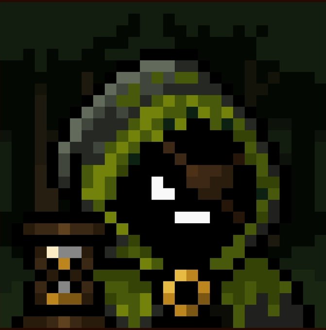 A pixel art image showing a hooded character in dark green robes with glowing white eyes, displayed in a meme-style frame. The image appears to be a custom NFT or avatar being celebrated as part of the "@MancerXYZ" launch announcement congratulating @MichaelHirsch.