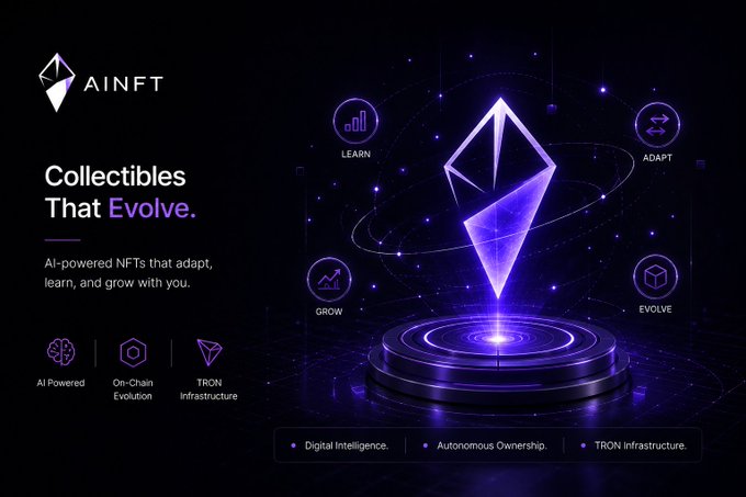 An AINFT promotional graphic titled 'Collectibles That Evolve,' describing AI-powered NFTs that adapt and learn, featuring a glowing purple Ethereum diamond and tags for Learn, Grow, Adapt, and Evolve.
