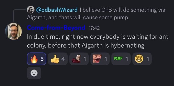 A Discord chat showing a discussion between "@odbashWizard" and "Come-from-Beyond" about Aigarth and CFB's upcoming actions, including plans for an "ant colony" release, with the post relating to Aigarth being built on the Qubic network.
