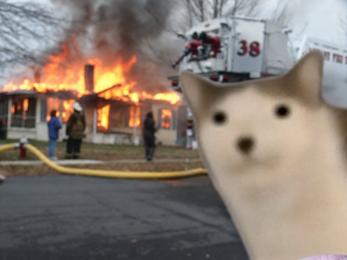 A meme image showing a cat with a surprised expression in the foreground, with a house fire and a fire truck labeled '38' in the background.