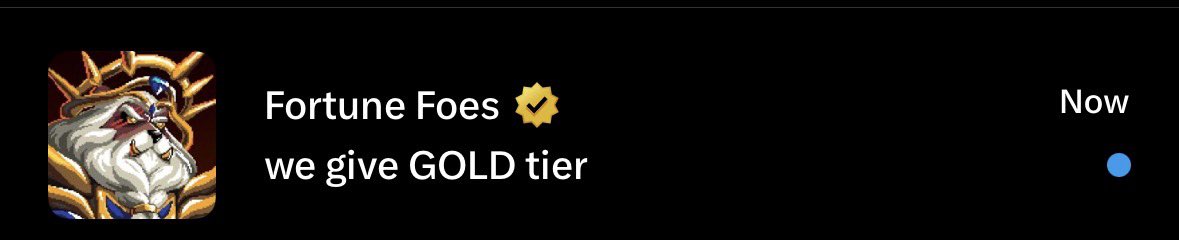 A notification from Fortune Foes stating 'we give GOLD tier' alongside an ornate lion-like creature icon and a blue online indicator.