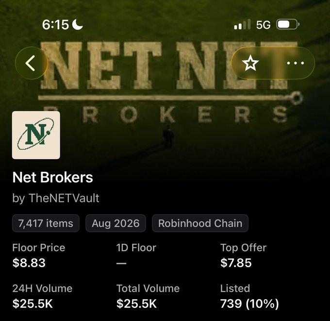 A mobile screenshot of the "Net Brokers" NFT collection page by TheNETVault on the Robinhood Chain, showing a floor price of $8.83, a top offer of $7.85, and a 24H/total volume of $25.5K across 7,417 items. The screenshot serves as visual proof in response to claims that no airdrop occurred, highlighting the collection's trading activity and listings.