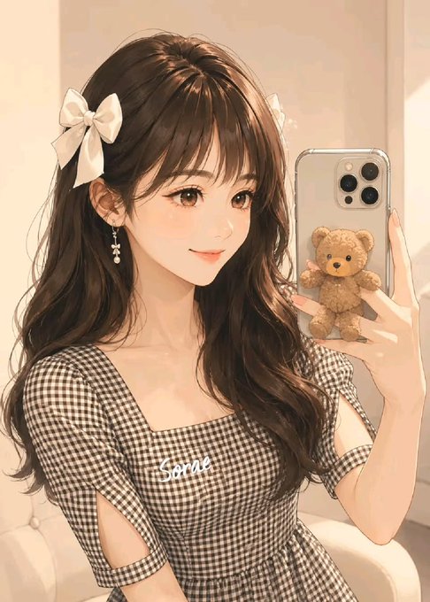 The image shows a cute anime-style illustration of a young woman taking a selfie with a phone featuring a teddy bear case, with the word "Sanae" written on her checkered top. The image appears unrelated to the accompanying post about Nucleus Season 3 and $AURA rewards, as it depicts a personal selfie-style portrait rather than any crypto, leaderboard, or blockchain-related content.