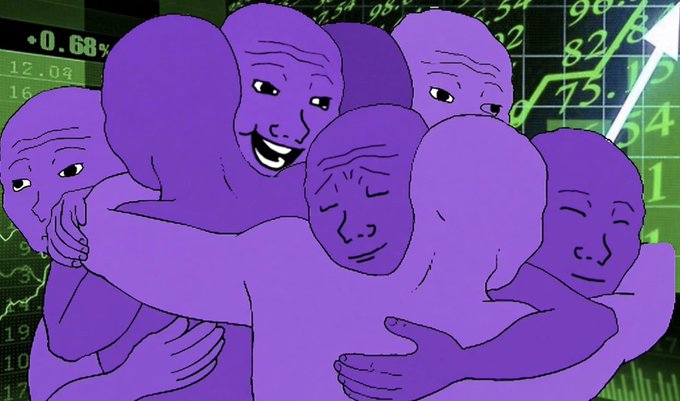 A meme featuring purple cartoon figures hugging each other against a green background displaying stock market charts and numbers.