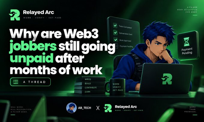 Relayed Arc promotional graphic reading “Why are Web3 jobbers still going unpaid after months of work,” alongside a person using a laptop and payment-status graphics.