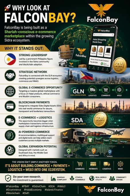 This infographic titled "Why Look at FalconBay?" promotes FalconBay, a Shariah-conscious e-commerce marketplace within the Sidra ecosystem, highlighting its key features including strong leadership led by a prominent Philippine figure in the Sidra community, strategic network connections across GLN, global e-commerce opportunities in Halal products, blockchain payments via Sidra Digital Assets (SDA), e-commerce + logistics integration, AI-powered commerce, and global expansion potential into markets like Southeast Asia, the Middle East, and Africa. It also notes that FalconBay is more than just another token—it's about building commerce, payments, logistics, and Web3 into one ecosystem, with hashtags #FalconBay, #SDA, #Web3, and #Ecommerce displayed at the bottom alongside a call to do your own research.