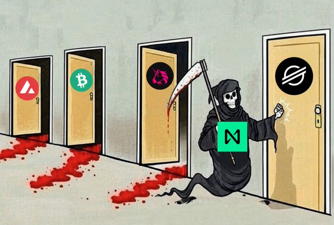 A satirical cartoon showing a grim reaper figure labeled 'N' (Near Protocol) with a scythe standing before doors of competing cryptocurrencies (Avalanche, Bitcoin, Uniswap, Stellar), with blood trails coming from three of the doors.