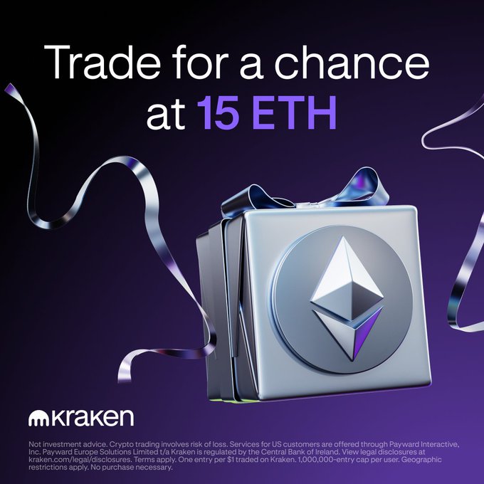 A Kraken promotional graphic featuring a metallic gift box adorned with an Ethereum (ETH) logo and silver ribbons against a purple background, with the headline "Trade for a chance at 15 ETH." The image visually reinforces the contest's 15 ETH prize and Kraken branding, while the accompanying post provides the entry deadline of August 31 at 13:59 UTC and instructions to enroll via app.kraken.com/JDNW/15-ETH before trading.