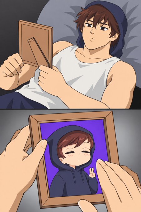 A two-panel anime-style comic showing a young man in a white tank top and blue hoodie holding a photo frame, followed by a close-up of the framed picture revealing a cute chibi version of himself making a peace sign on a purple background.
