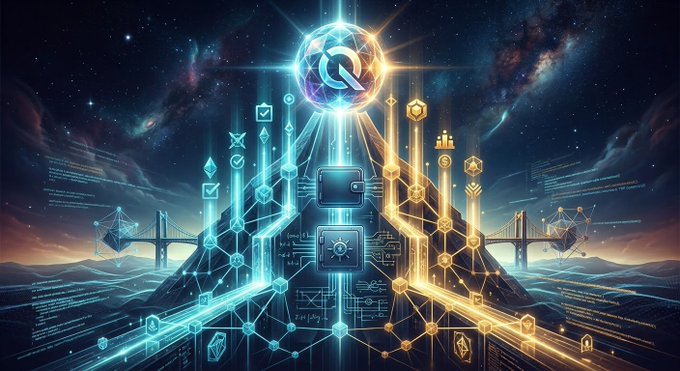 A futuristic digital illustration features a glowing central orb with flowing streams of cyan and golden icons, symbols, and data connecting to bridges over a cosmic landscape.