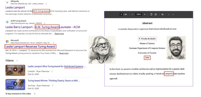 A Wikipedia page about Leslie Lamport noting his 2013 Turing Award, paired with an abstract from his 1984 thesis 'A modular framework to implement fault tolerant distributed services' at the University of Toronto.