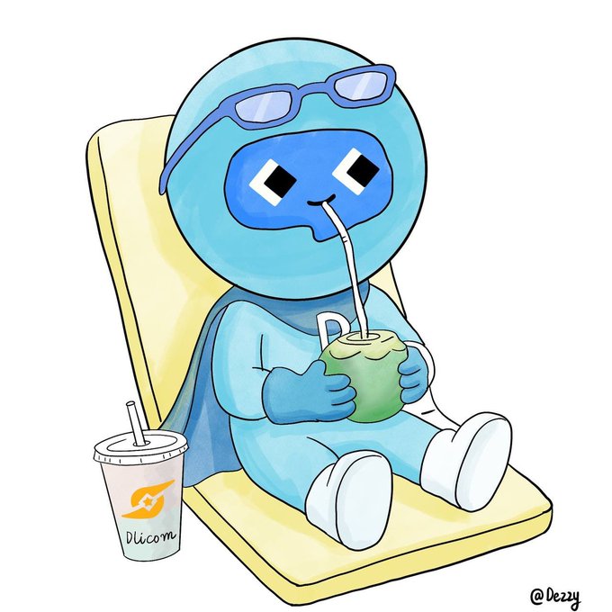The image shows a cute blue mascot character wearing sunglasses, relaxing on a yellow lounge chair while sipping coconut water through a straw, with a drink cup beside it labeled "Dlicom" and signed "@Dezzy." The chill, laid-back pose of the mascot perfectly matches the "chill vibe" caption, promoting the Dlicom app in a fun, casual way alongside the tagged accounts @DlicomApp, @dlicom_vn, and @timcrypto.