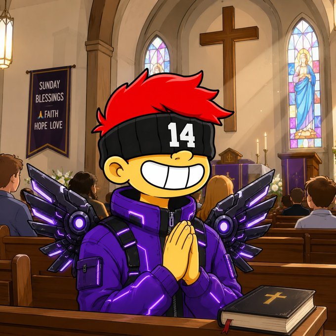 A cartoon-style illustration features a red-haired character wearing a purple puffer jacket with glowing purple wings, a black headband marked '14', and hands clasped in prayer inside a church with a cross and a stained glass window of Mary.