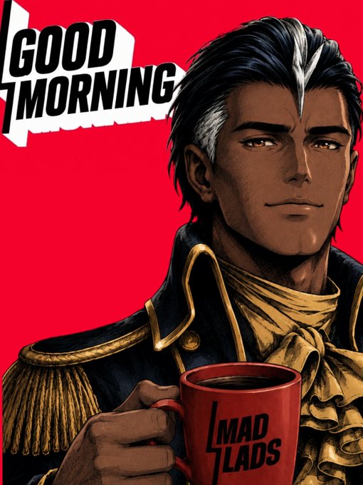 A confident man with dark hair streaked in white holds a red mug reading "MAD LADS" against a bright red background, with bold white text proclaiming "GOOD MORNING" in the upper left—perfectly matching the post's motivational "GM" (Good Morning) greeting for crypto traders starting their week with coffee.