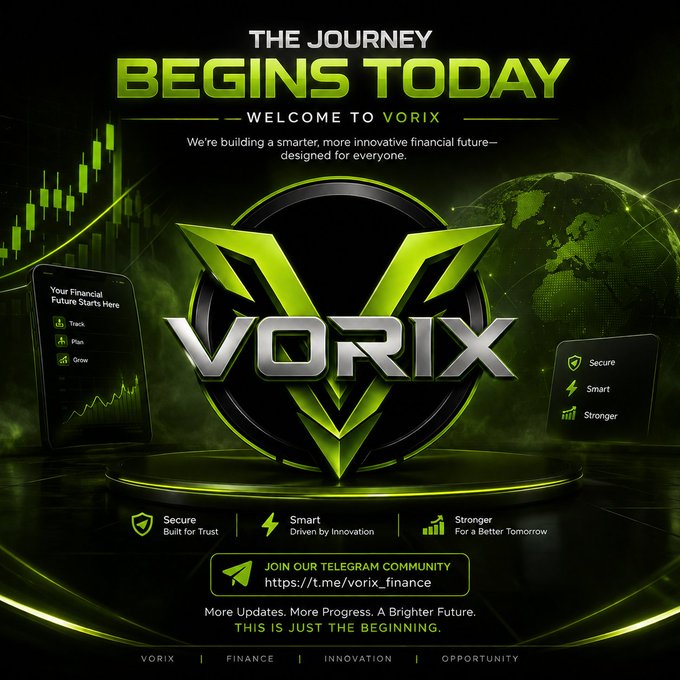 A promotional poster for 'VORIX' with the text 'THE JOURNEY BEGINS TODAY' and 'WELCOME TO VORIX', featuring a green and black logo and a link to their Telegram community (https://t.me/vorix_finance).