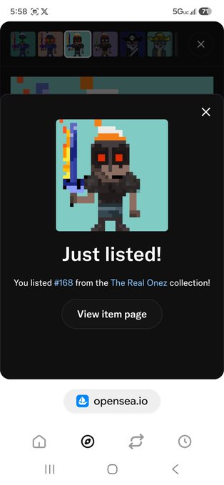 OpenSea mobile app notification displaying 'Just listed! You listed #168 from The Real Onez collection!' featuring a pixel-art character with glowing red eyes holding a colorful sword.