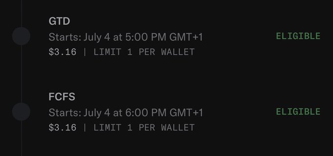 The image shows a minting schedule with two phases—GTD starting July 4 at 5:00 PM GMT+1 and FCFS starting July 4 at 6:00 PM GMT+1—both priced at $3.16 with a 1 per wallet limit and marked as "Eligible" in Tadaverse. This relates to the AbeEagleNft mint, where the eligibility is confirmed and minting opens in over 6 hours with an entry price of 0.0018 ETH (~$3.16).