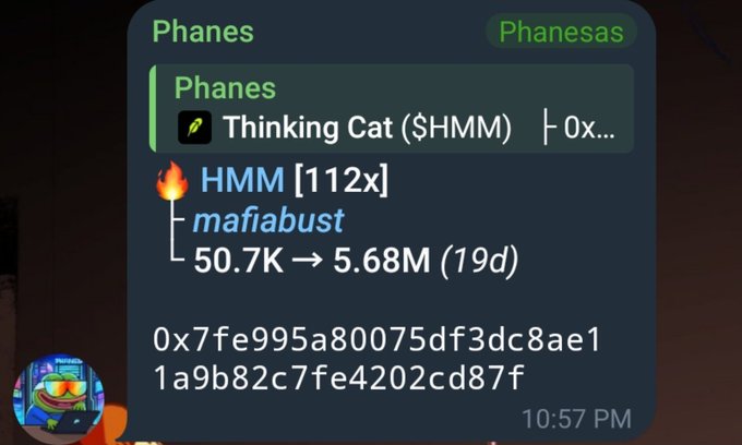 A screenshot of a Telegram message from 'Phanes' about 'Thinking Cat ($HMM)', noting a market cap increase from '50.7K → 5.68M (19d)' and displaying a hexadecimal string.