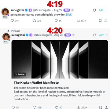 The image shows two tweets from Subu (@xsubugata) posted at 4:19 and 4:20, with the first announcing "going to announce something big tmrrw for $INK" with 214 comments, and the second being a pinned post featuring "The Kraken Wallet Manifesto" article that discusses frontier models finding vulnerabilities in onchain infrastructure, yet notably contains no actual token release updates—highlighting the disconnect between the hyped $INK announcement and the lack of substantive TGE information.