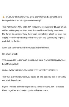 The image features a white text message posted on social media, written by @CarOnPolymarket. The main focus of this post is about Cryptocurrency, specifically how Polymarket KL works as a pool for cryptocurrency trading with 2% commission fees. The message highlights that someone has bettered the trust of a crypto community and received $500 USDC in return for their collaboration on Polymarket KOL. This information provides valuable insight into the world of Cryptocurrency and the benefits it offers to those who are involved in trading it.