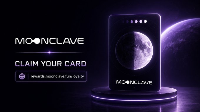 A promotional graphic for 'MOONCLAVE' featuring the text 'CLAIM YOUR CARD' with the URL 'rewards.moonclave.fun/loyalty', alongside a dark card displaying a moon design against a purple space background.