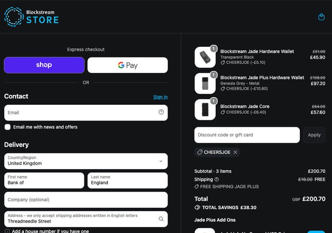 A checkout page on the Blockstream Store for three Jade hardware wallets (Jade, Jade Plus, and Jade Core) with a subtotal of £200.70 and a discount code 'CHEERSJOE' applied.