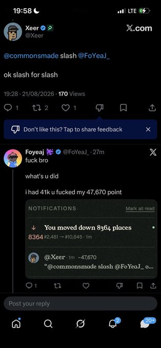 A screenshot from X.com showing user @Xeer (@Xeer's) post "ok slash for slash" followed by @FoYeaJ_ replying "fuck bro, i had 41k u fucked my 47,670 point," with a notification indicating FoYeaJ dropped 8,364 places and lost 47,670 points, illustrating the vouch-point slashing described in the caption.