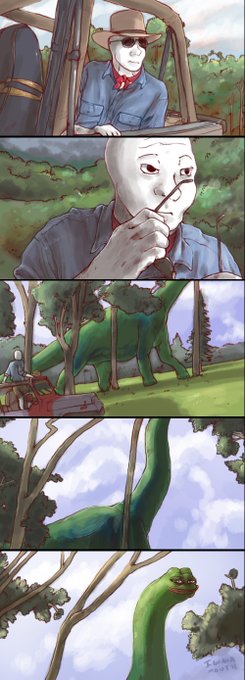 A comic strip showing a cowboy/pale-faced character on a red tractor who gets his hat pulled up by the neck of a green brontosaurus/dinosaur appearing in the trees.